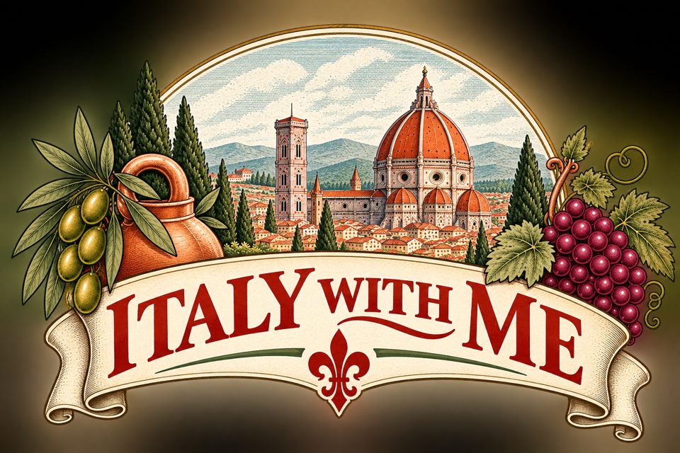 Italy With Me logo: an engraving of Florence's Duomo framed by olives and grapes